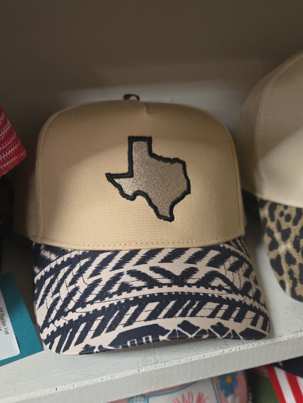 Beige Texas Patch Trucker Hat with Patterned Brim